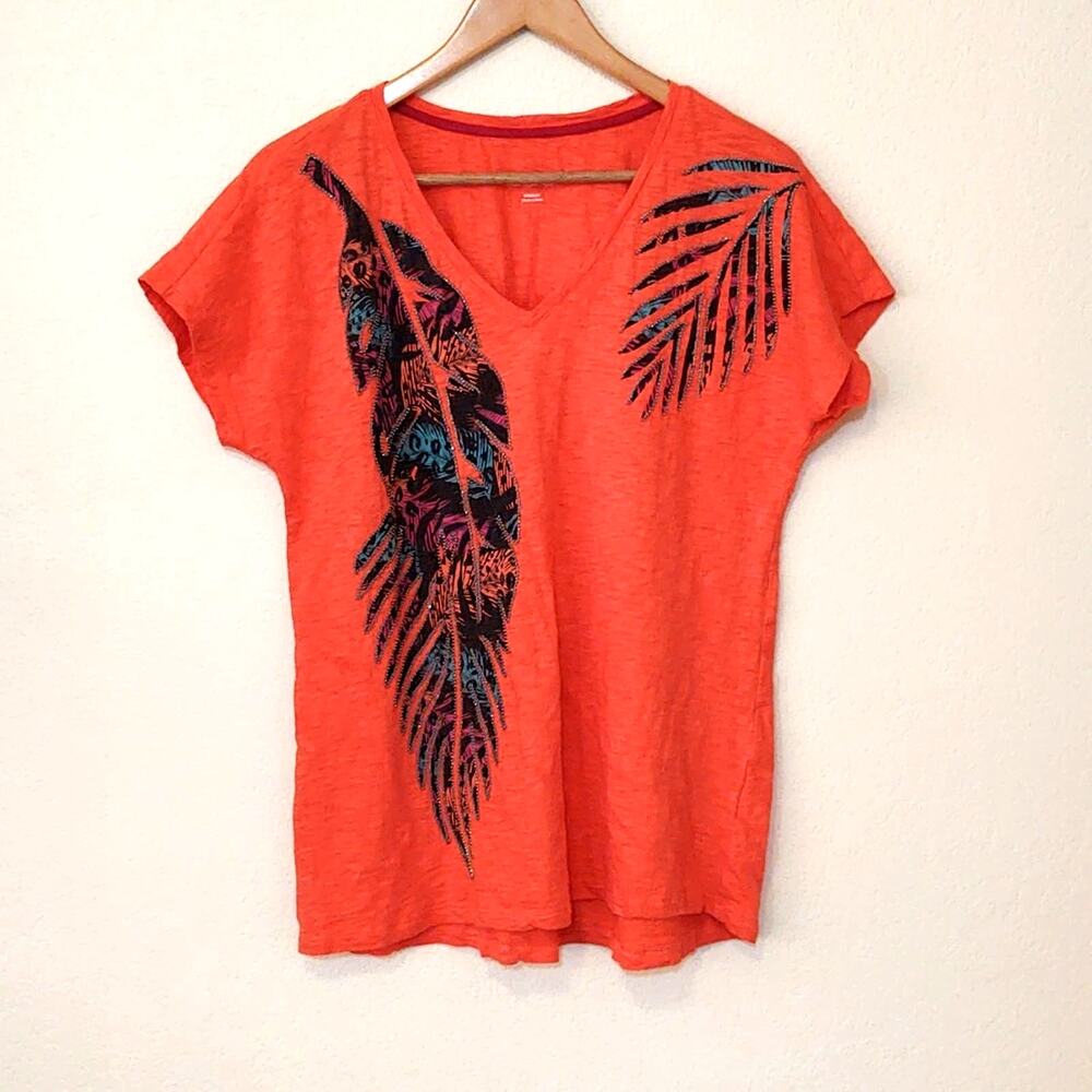 Soft Surroundings Orange Beaded Leaf Short Sleeve Top
